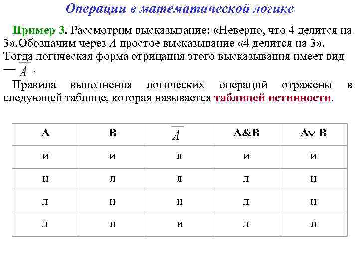 Операции в математической логике Пример 3. Рассмотрим высказывание: «Неверно, что 4 делится на 3»