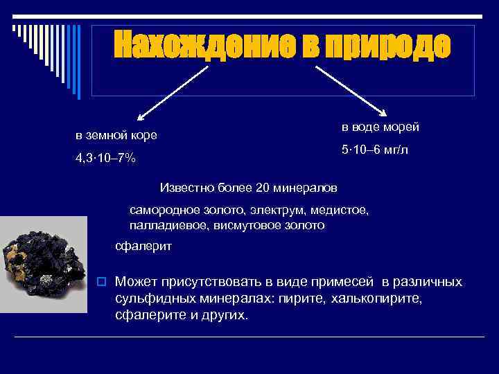 Нахождение в природе в воде морей в земной коре 5· 10– 6 мг/л 4,