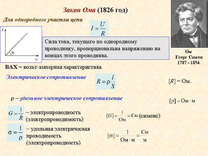 Закон Ома (1826 год) Для однородного участка цепи Сила тока, текущего по однородному проводнику,