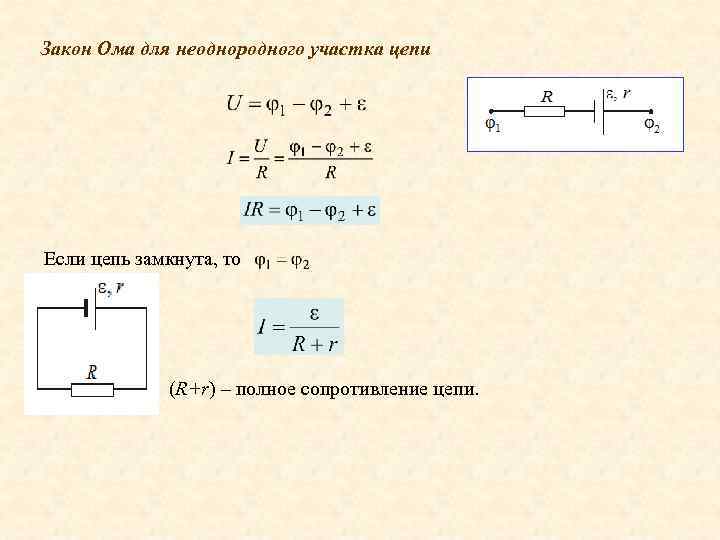 Закон Ома для неоднородного участка цепи Если цепь замкнута, то (R+r) – полное сопротивление