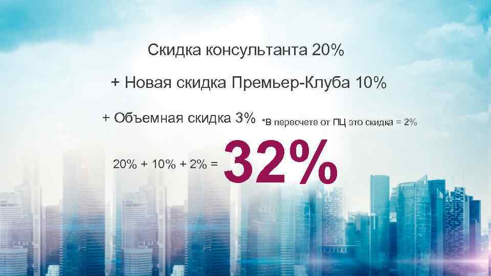 Скидка консультанта 20% + Новая скидка Премьер-Клуба 10% + Объемная скидка 3% 20% +