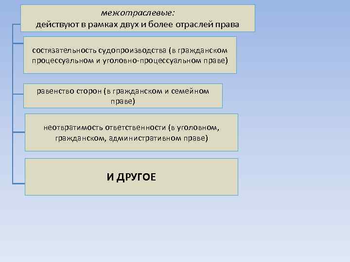 межотраслевые: действуют в рамках двух и более отраслей права состязательность судопроизводства (в гражданском процессуальном