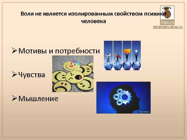 Воля не является изолированным свойством психики человека Ø Мотивы и потребности Ø Чувства Ø