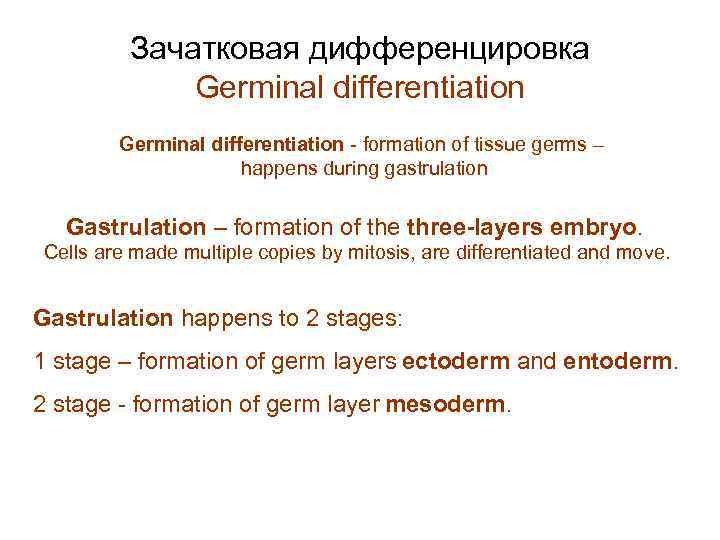 Зачатковая дифференцировка Germinal differentiation - formation of tissue germs – happens during gastrulation Gastrulation
