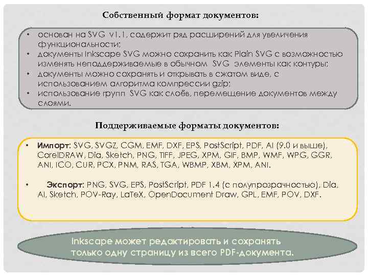 Собственный формат документов: • • основан на SVG v 1. 1, содержит ряд расширений