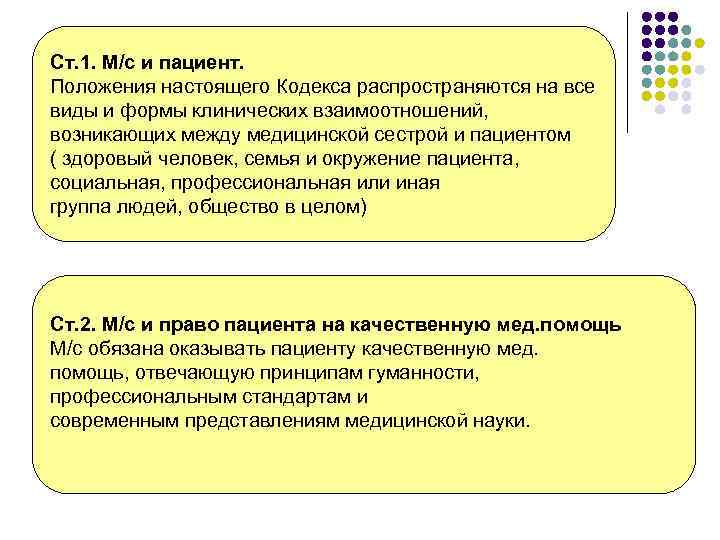 Ст. 1. М/с и пациент. Положения настоящего Кодекса распространяются на все виды и формы