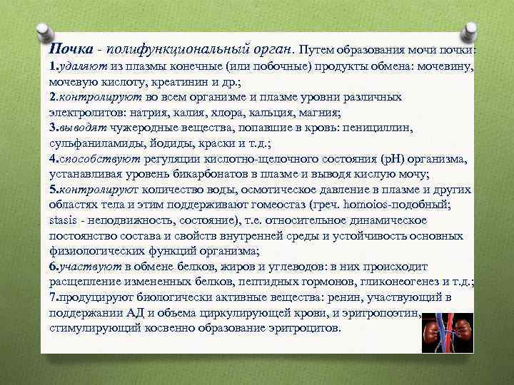 Почка - полифункциональный орган. Путем образования мочи почки: 1. удаляют из плазмы конечные (или