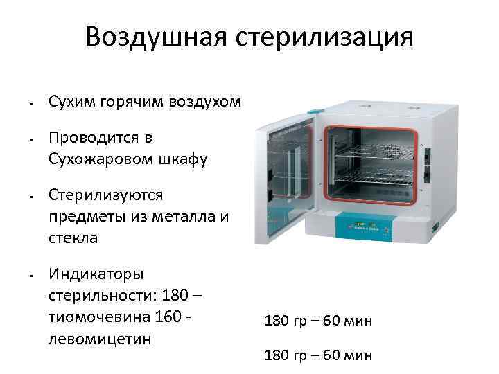 Воздушная стерилизация • • Сухим горячим воздухом Проводится в Сухожаровом шкафу Стерилизуются предметы из