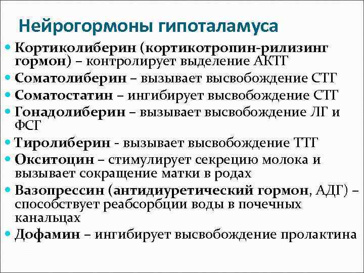 Нейрогормоны гипоталамуса Кортиколиберин (кортикотропин-рилизинг гормон) – контролирует выделение АКТГ Соматолиберин – вызывает высвобождение СТГ