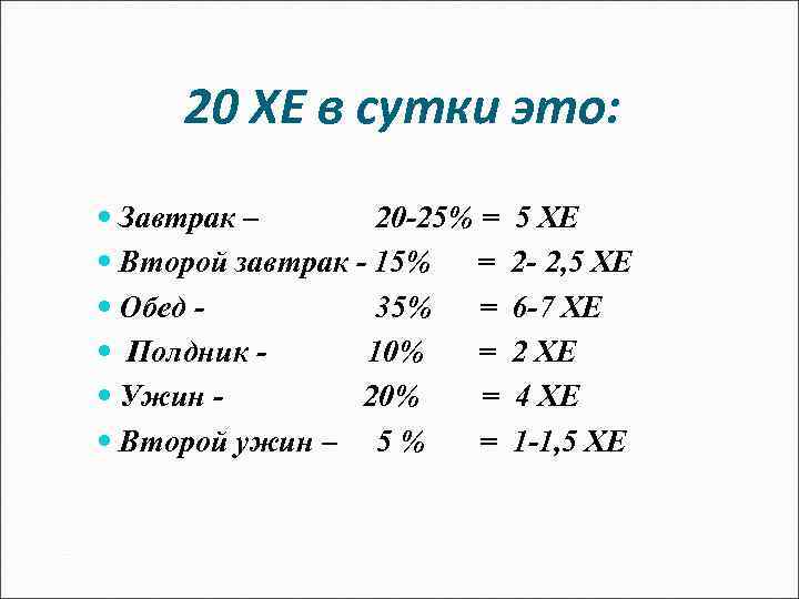 20 ХЕ в сутки это: Завтрак – 20 -25% = Второй завтрак - 15%