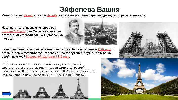 Эйфелева Башня Металлическая башня в центре Парижа, самая узнаваемая его архитектурная достопримечательность. Названа в