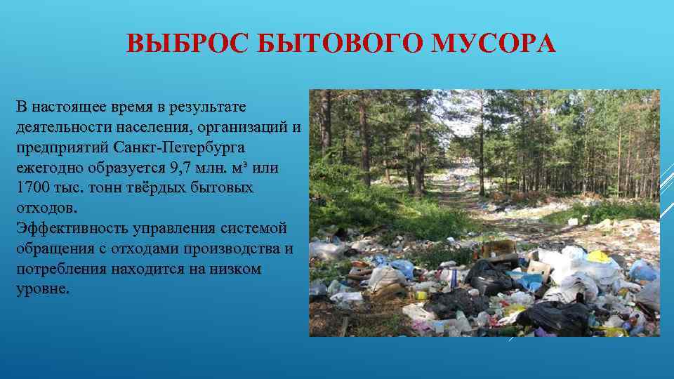 ВЫБРОС БЫТОВОГО МУСОРА В настоящее время в результате деятельности населения, организаций и предприятий Санкт-Петербурга