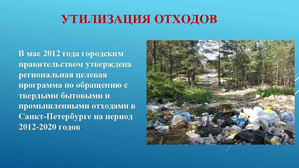 УТИЛИЗАЦИЯ ОТХОДОВ В мае 2012 года городским правительством утверждена региональная целевая программа по обращению