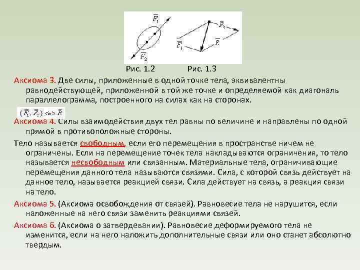  Рис. 1. 2 Рис. 1. 3 Аксиома 3. Две силы, приложенные в одной