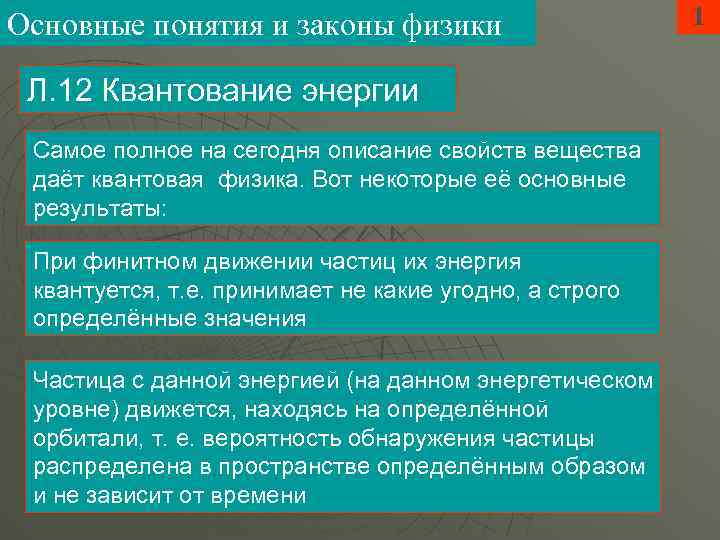 Основные понятия и законы физики Л. 12 Квантование энергии Самое полное на сегодня описание