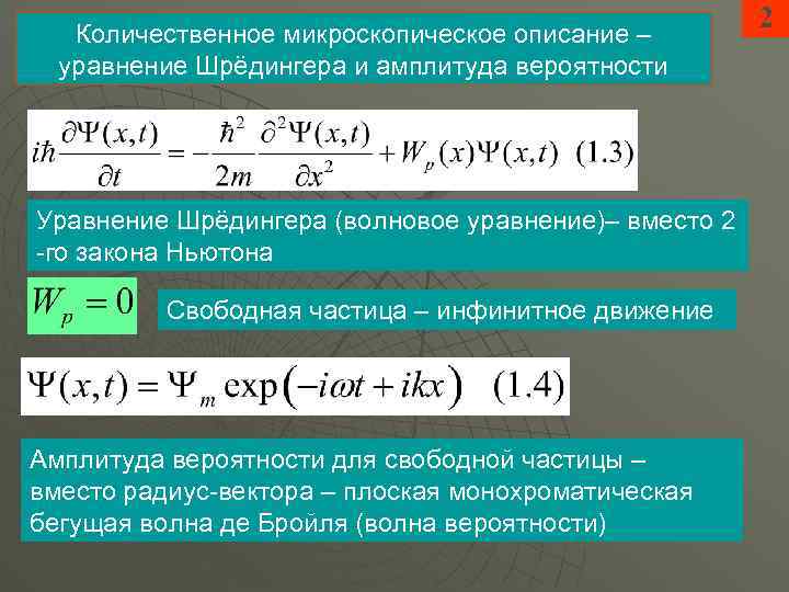 Количественное микроскопическое описание – уравнение Шрёдингера и амплитуда вероятности Уравнение Шрёдингера (волновое уравнение)– вместо