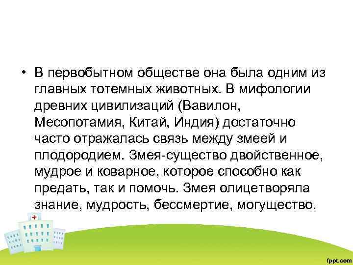  • В первобытном обществе она была одним из главных тотемных животных. В мифологии
