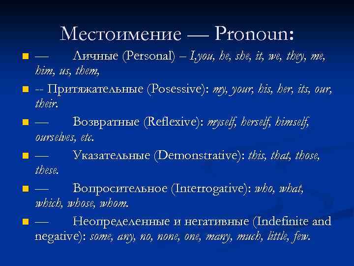 Местоимение — Pronoun: n n n — Личные (Personal) – I, you, he, she,