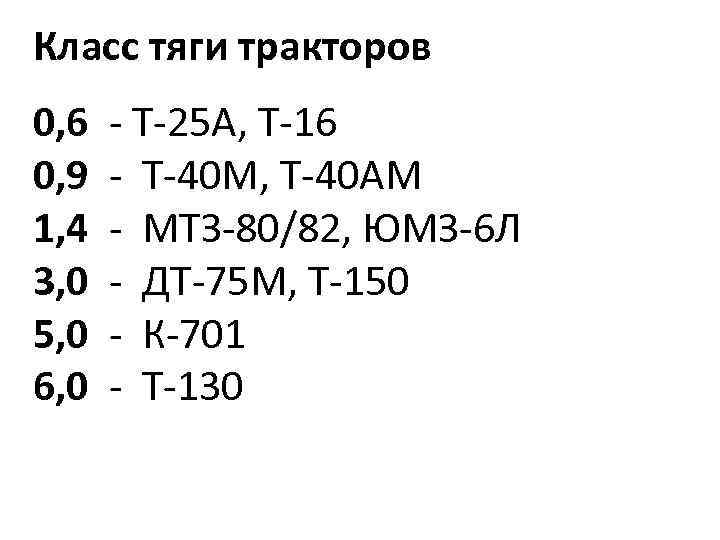 Класс тяги тракторов 0, 6 - Т-25 А, Т-16 0, 9 - Т-40 М,
