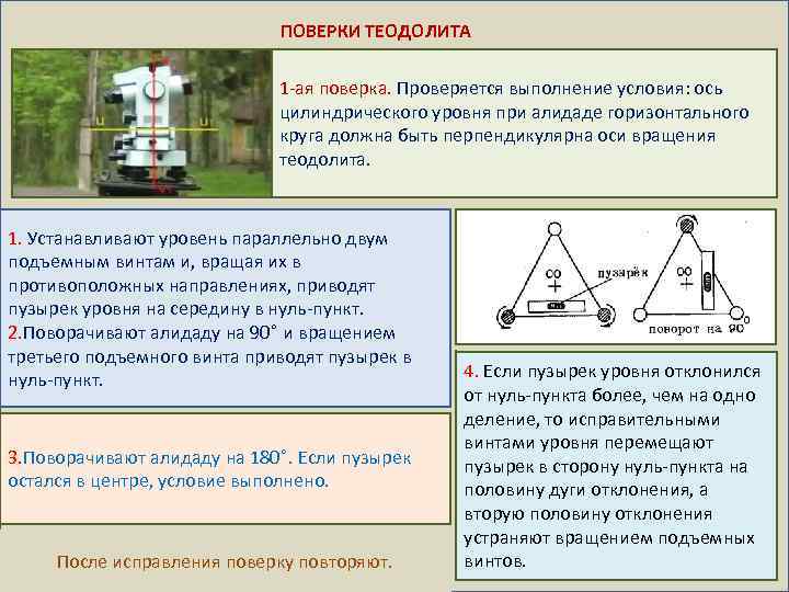 ПОВЕРКИ ТЕОДОЛИТА 1 -ая поверка. Проверяется выполнение условия: ось цилиндрического уровня при алидаде горизонтального