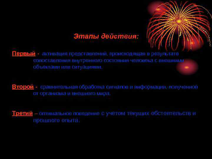 Этапы действия: Первый - активация представлений, происходящая в результате сопоставления внутреннего состояния человека с