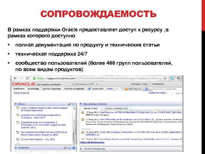 СОПРОВОЖДАЕМОСТЬ В рамках поддержки Oracle предоставляет доступ к ресурсу , в рамках которого доступно