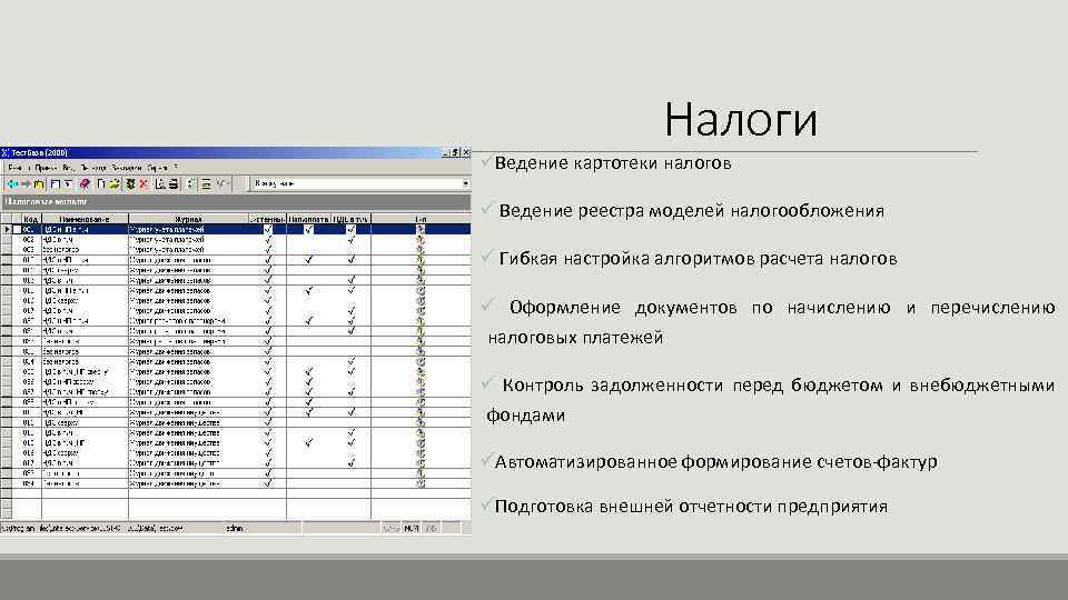 Налоги üВедение картотеки налогов ü Ведение реестра моделей налогообложения ü Гибкая настройка алгоритмов расчета