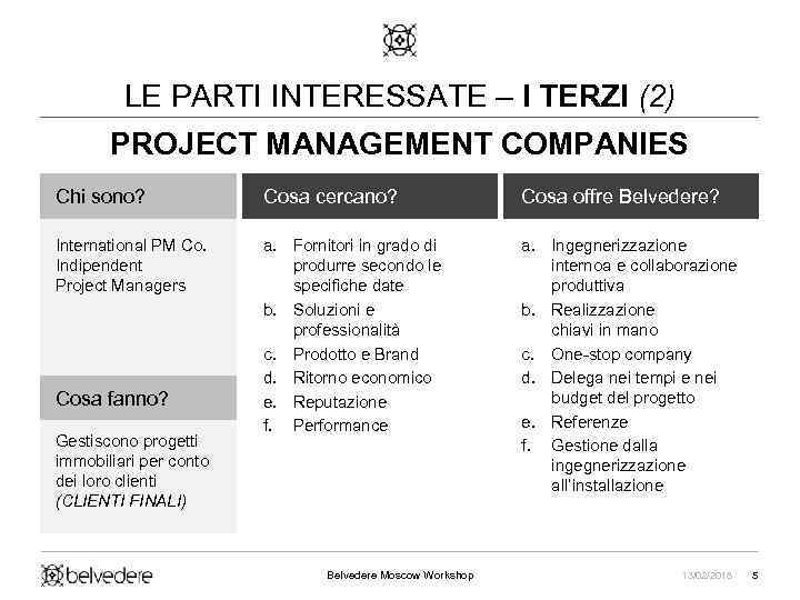 LE PARTI INTERESSATE – I TERZI (2) PROJECT MANAGEMENT COMPANIES Chi sono? Cosa cercano?