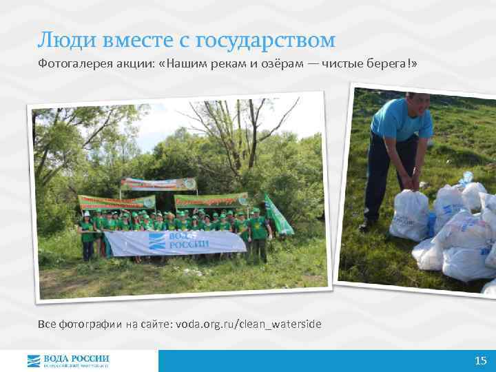 Фотогалерея акции: «Нашим рекам и озёрам — чистые берега!» Все фотографии на сайте: voda.