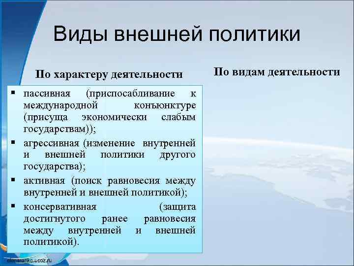 Виды внешней политики По характеру деятельности § пассивная (приспосабливание к международной конъюнктуре (присуща экономически