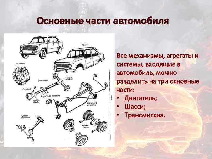 Основные части автомобиля Все механизмы, агрегаты и системы, входящие в автомобиль, можно разделить на