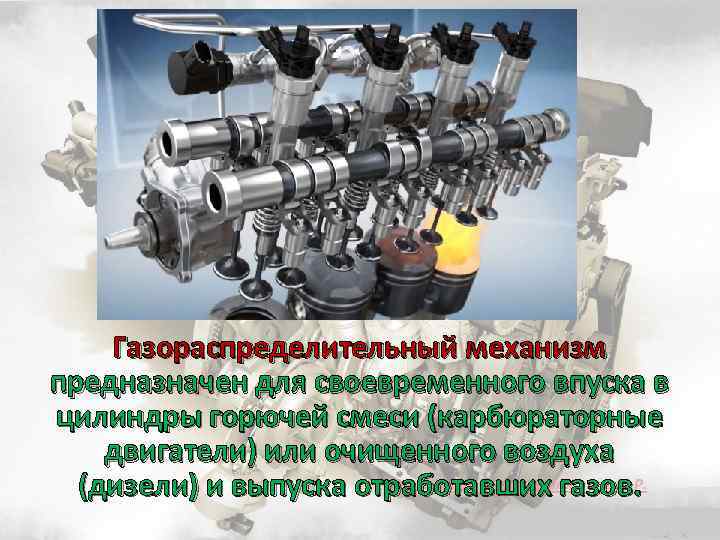 Газораспределительный механизм предназначен для своевременного впуска в цилиндры горючей смеси (карбюраторные двигатели) или очищенного