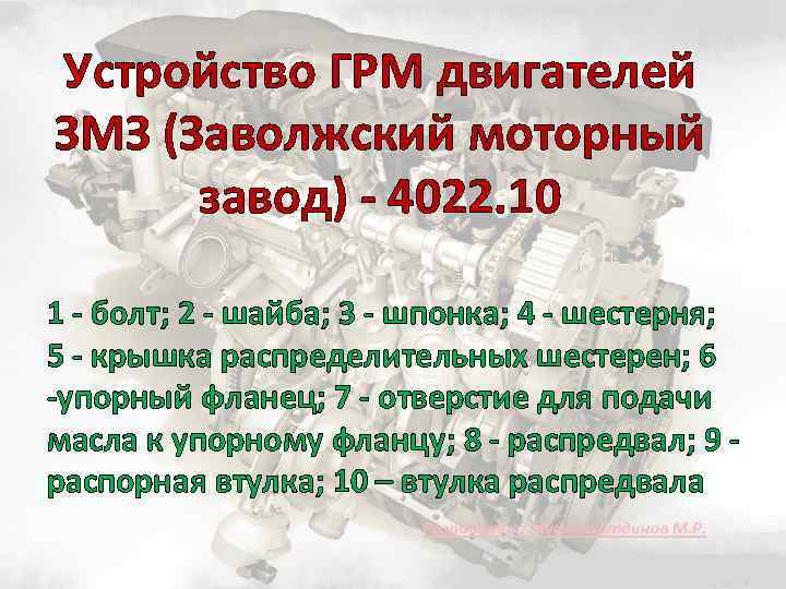 Устройство ГРМ двигателей ЗМЗ (Заволжский моторный завод) 4022. 10 1 болт; 2 шайба; 3