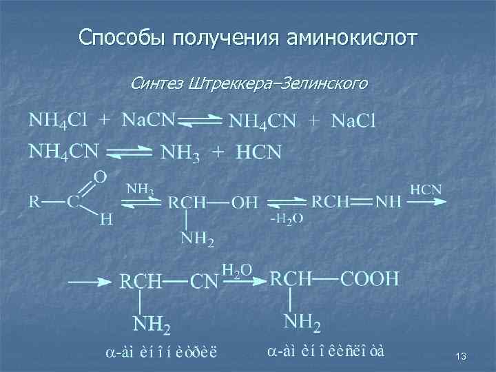 Способы получения аминокислот Синтез Штреккера–Зелинского 13 