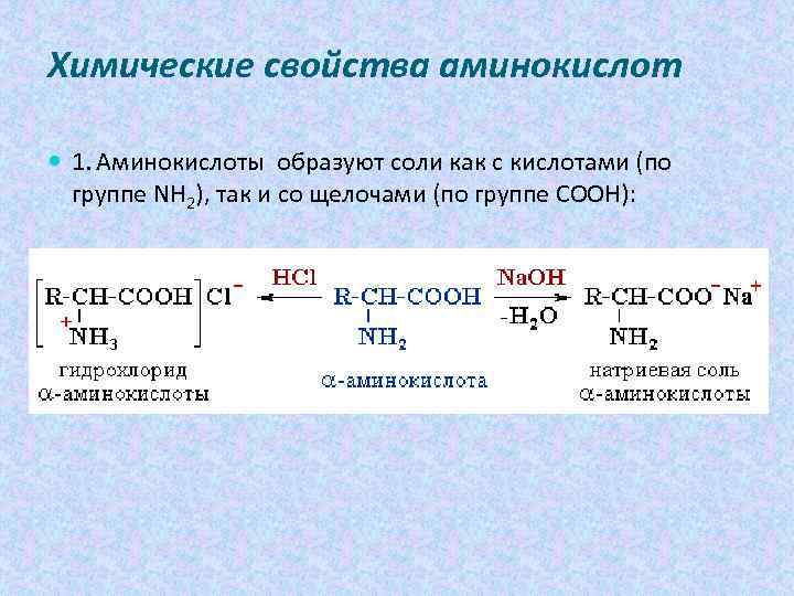 Реакция образования hcl. Химические свойства а-аминокислот: реакции по nh2 группе. Химические свойства аминокислот кислотные. Химические реакции аминокислот с соляной кислотой. Образование солей аминокислот.