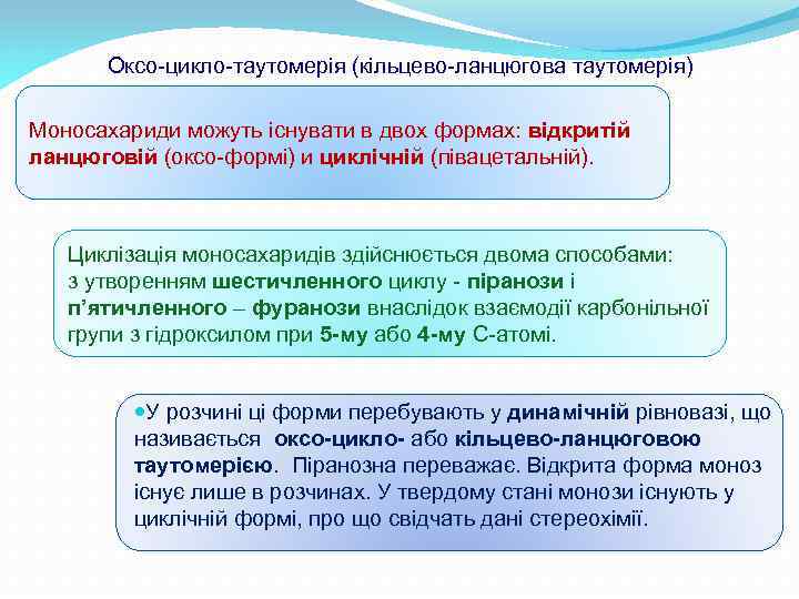 Оксо-цикло-таутомерія (кільцево-ланцюгова таутомерія) Моносахариди можуть існувати в двох формах: відкритій ланцюговій (оксо-формі) и циклічній