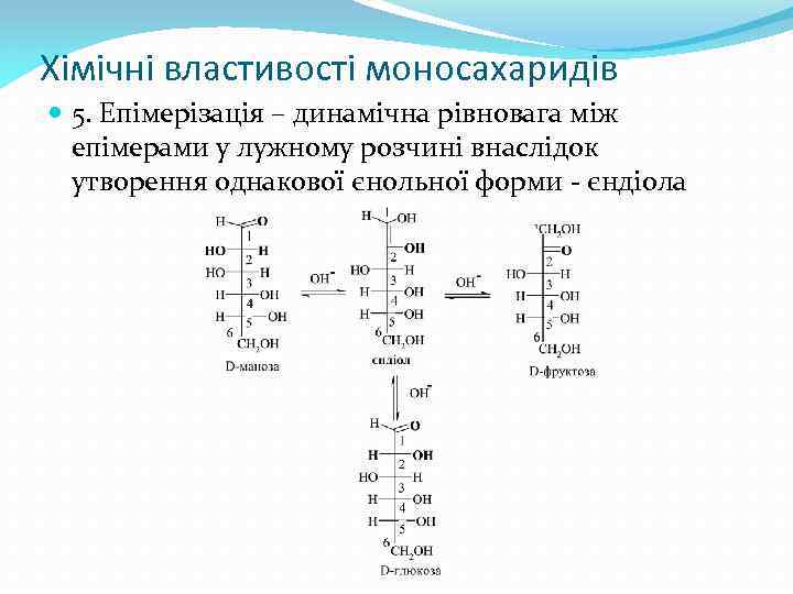 Хімічні властивості моносахаридів 5. Епімерізація – динамічна рівновага між епімерами у лужному розчині внаслідок