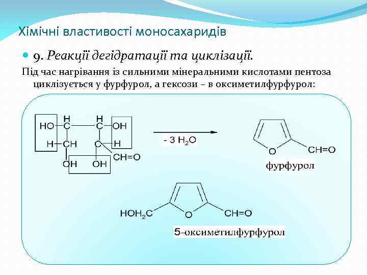 Хімічні властивості моносахаридів 9. Реакції дегідратації та циклізації. Під час нагрівання із сильними мінеральними