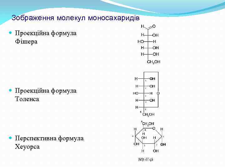 Зображення молекул моносахаридів Проекційна формула Фішера Проекційна формула Толенса Перспективна формула Хеуорса 