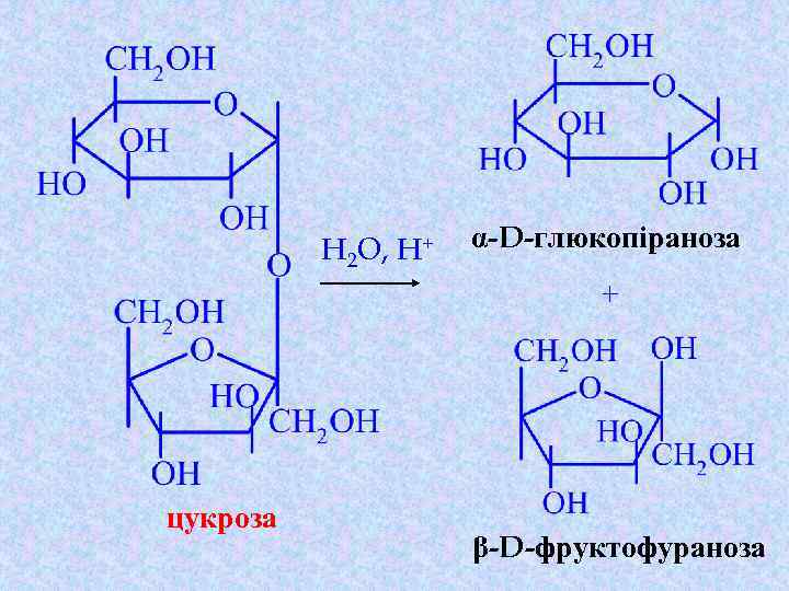 H 2 O, H+ α-D-глюкопіраноза + цукроза β-D-фруктофураноза 