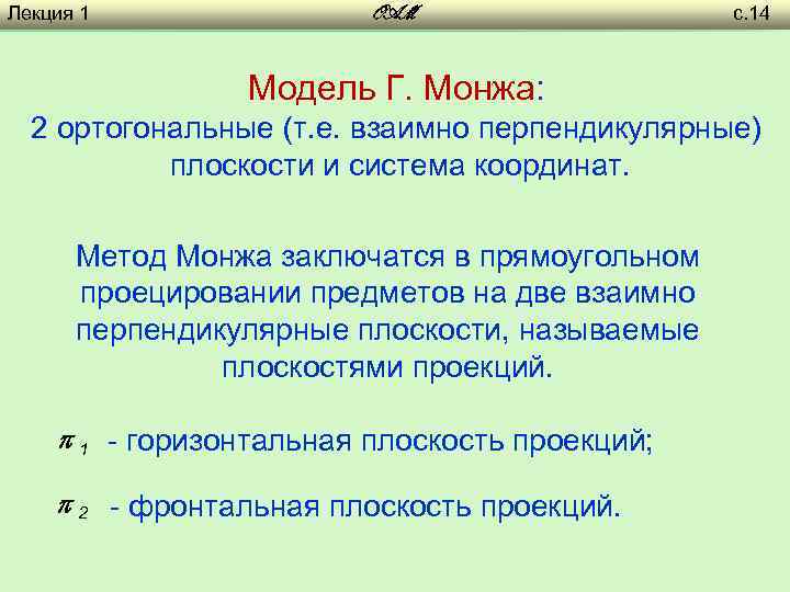 Лекция 1 OAM с. 14 Модель Г. Монжа: 2 ортогональные (т. е. взаимно перпендикулярные)