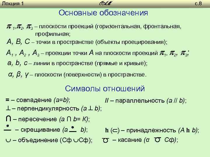 Лекция 1 с. 8 OAM Основные обозначения 1, 2, 3 – плоскости проекций (горизонтальная,