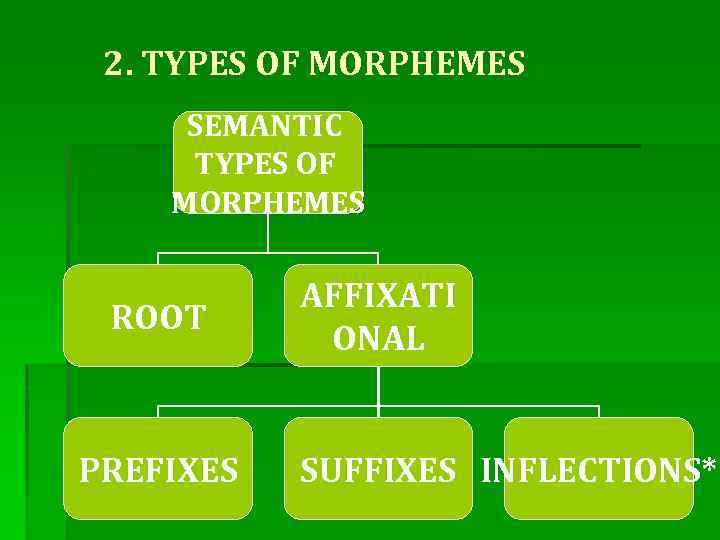 2. TYPES OF MORPHEMES SEMANTIC TYPES OF MORPHEMES ROOT PREFIXES AFFIXATI ONAL SUFFIXES INFLECTIONS*