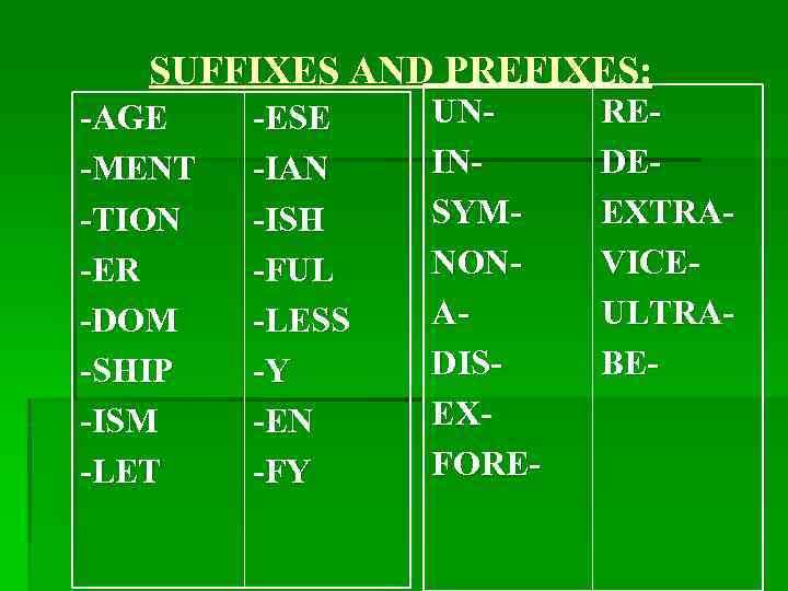 SUFFIXES AND PREFIXES: -AGE -MENT -TION -ER -DOM -SHIP -ISM -LET -ESE -IAN -ISH