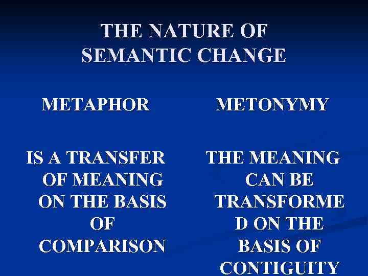 THE NATURE OF SEMANTIC CHANGE METAPHOR METONYMY IS A TRANSFER THE MEANING OF MEANING