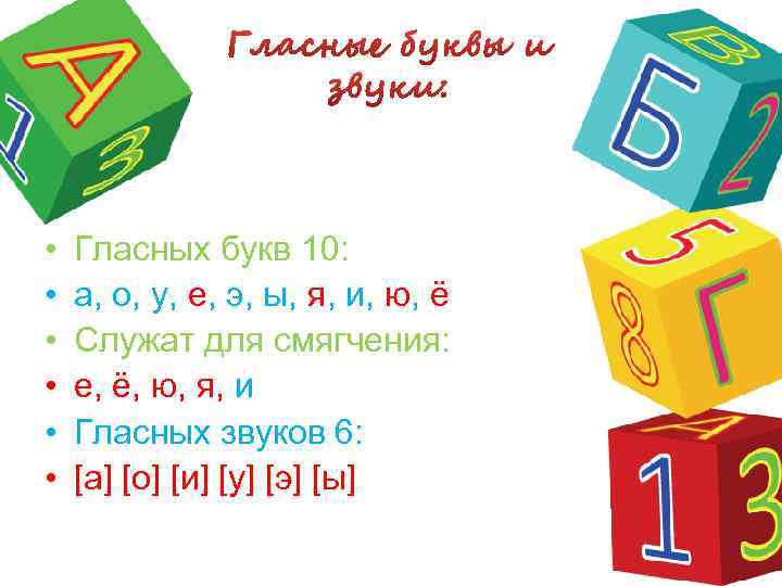  • • • Гласных букв 10: а, о, у, е, э, ы, я,