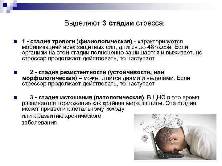 Выделяют 3 стадии стресса: n 1 - стадия тревоги (физиологическая) - характеризуется мобилизацией всех