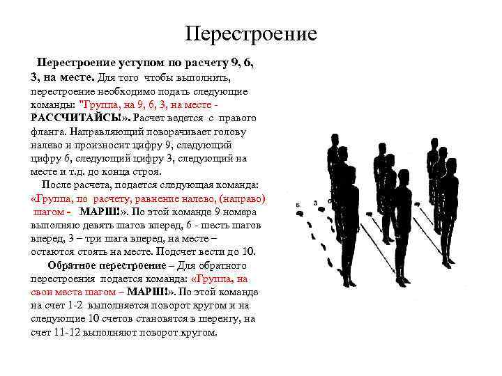 Перестроение уступом по расчету 9, 6, 3, на месте. Для того чтобы выполнить, перестроение