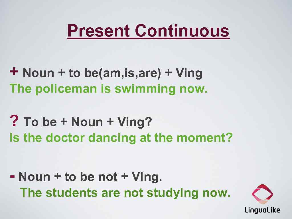 Present Continuous + Noun + to be(am, is, are) + Ving The policeman is