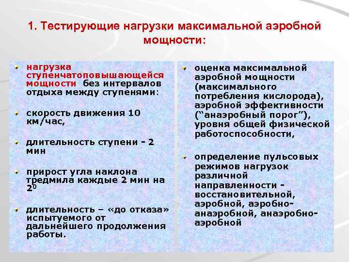 1. Тестирующие нагрузки максимальной аэробной мощности: нагрузка ступенчатоповышающейся мощности без интервалов отдыха между ступенями: